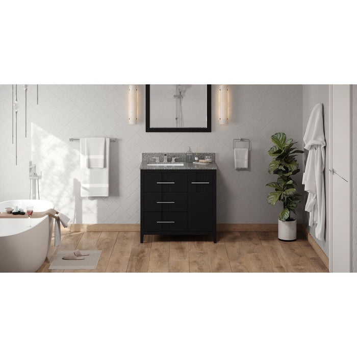 Jeffrey Alexander 36" Black Katara Vanity, left offset, Boulder Vanity Cultured Marble Vanity Top, undermount rectangle bowl