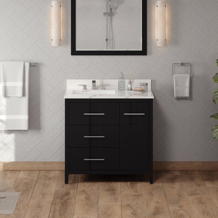 Jeffrey Alexander 36" Black Katara Vanity, left offset, Calacatta Vienna Quartz Vanity Top, undermount rectangle bowl