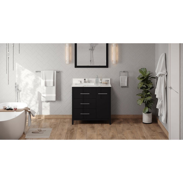 Jeffrey Alexander 36" Black Katara Vanity, left offset, Calacatta Vienna Quartz Vanity Top, undermount rectangle bowl