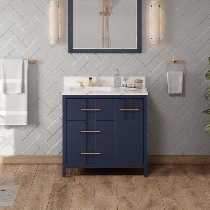 Jeffrey Alexander 36" Hale Blue Katara Vanity, left offset, Calacatta Vienna Quartz Vanity Top, undermount rectangle bowl