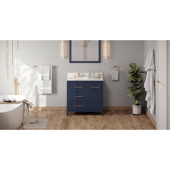 Jeffrey Alexander 36" Hale Blue Katara Vanity, left offset, Calacatta Vienna Quartz Vanity Top, undermount rectangle bowl