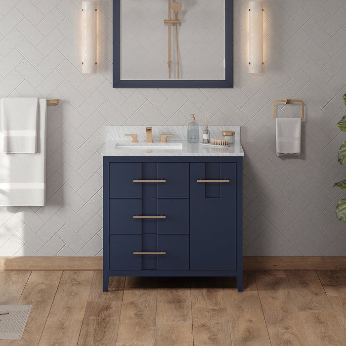 Jeffrey Alexander 36" Hale Blue Katara Vanity, left offset, White Carrara Marble Vanity Top, undermount rectangle bowl