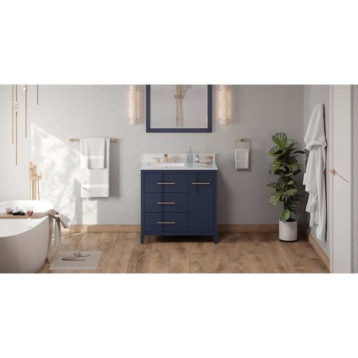 Jeffrey Alexander 36" Hale Blue Katara Vanity, left offset, White Carrara Marble Vanity Top, undermount rectangle bowl