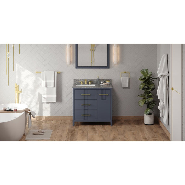 Jeffrey Alexander 36" Blue Steel Katara Vanity, left offset, Boulder Vanity Cultured Marble Vanity Top, undermount rectangle bowl