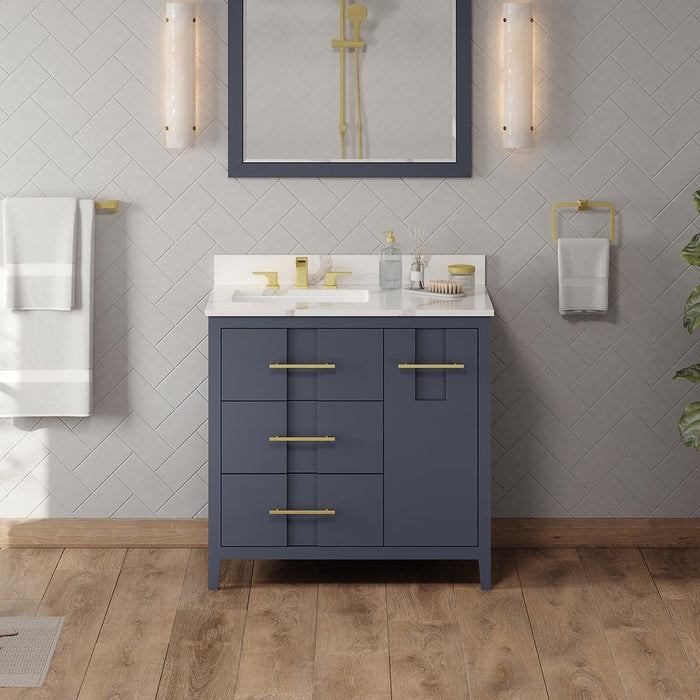 Jeffrey Alexander 36" Blue Steel Katara Vanity, left offset, Calacatta Vienna Quartz Vanity Top, undermount rectangle bowl