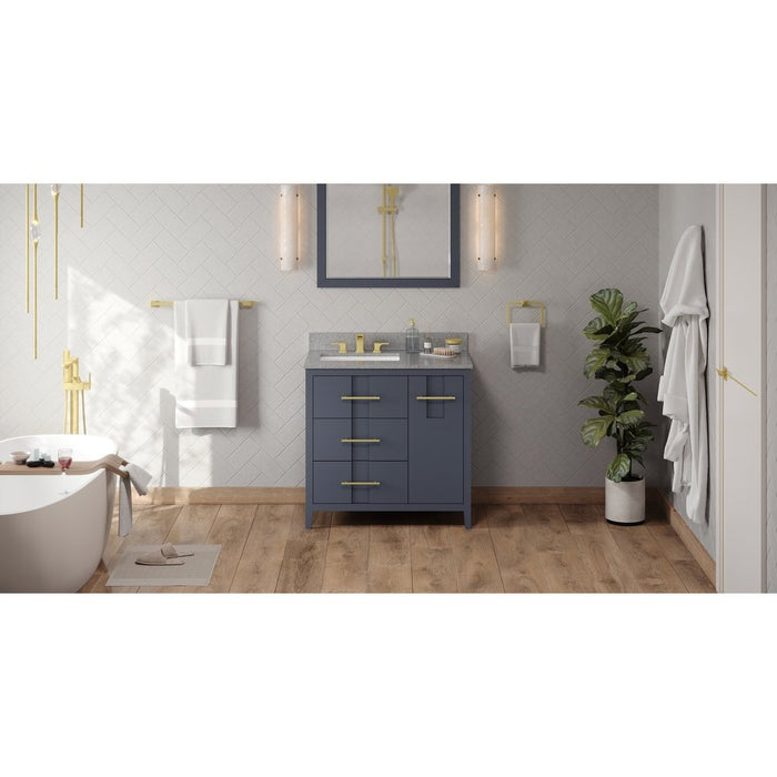 Jeffrey Alexander 36" Blue Steel Katara Vanity, left offset, Steel Grey Cultured Marble Vanity Top, undermount rectangle bowl