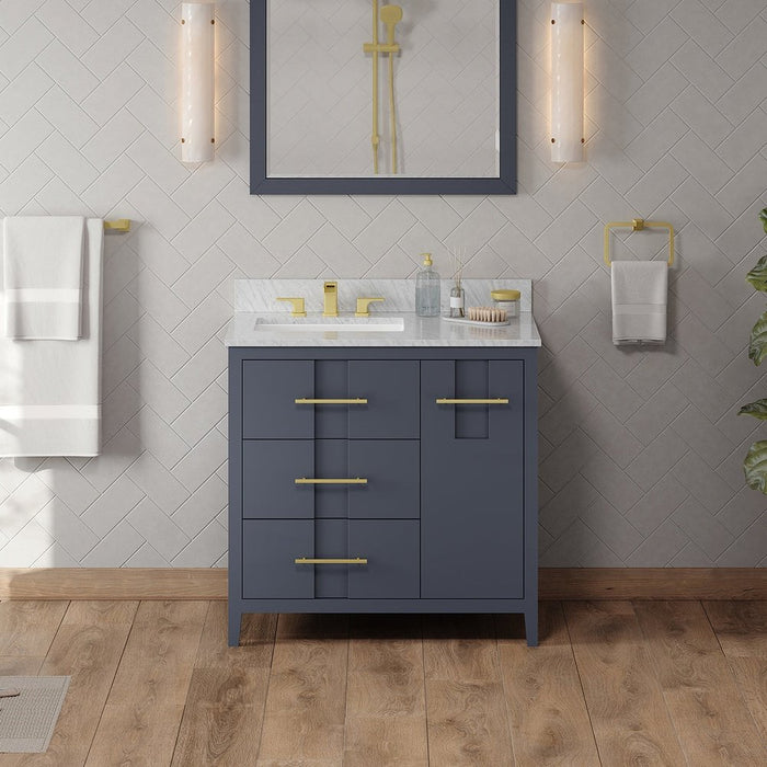 Jeffrey Alexander 36" Blue Steel Katara Vanity, left offset, White Carrara Marble Vanity Top, undermount rectangle bowl