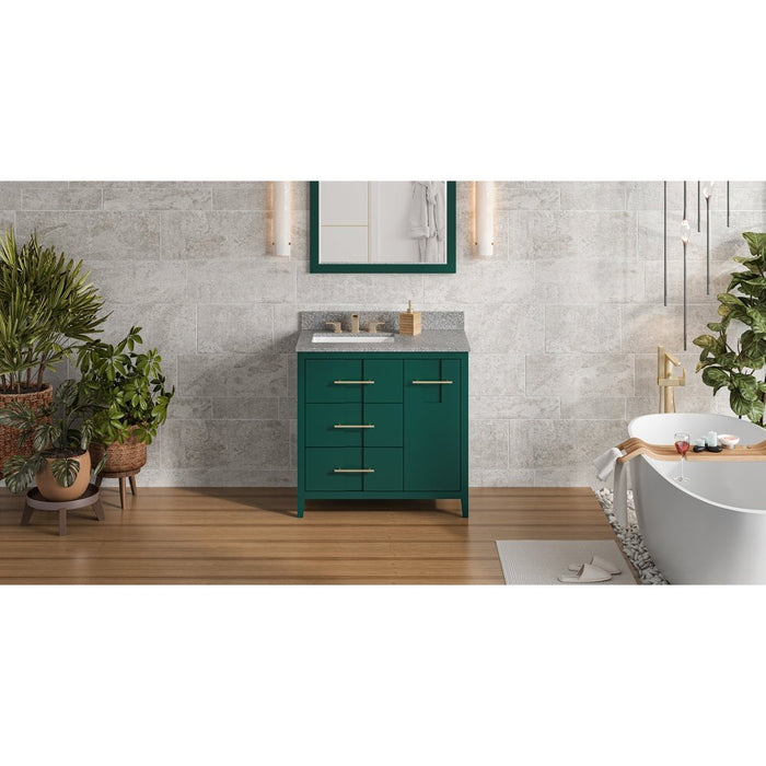 Jeffrey Alexander 36" Forest Green Katara Vanity, left offset, Boulder Vanity Cultured Marble Vanity Top, undermount rectangle bowl