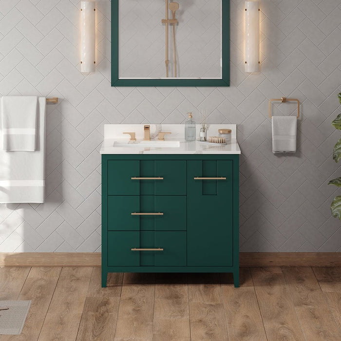 Jeffrey Alexander 36" Forest Green Katara Vanity, left offset, Calacatta Vienna Quartz Vanity Top, undermount rectangle bowl