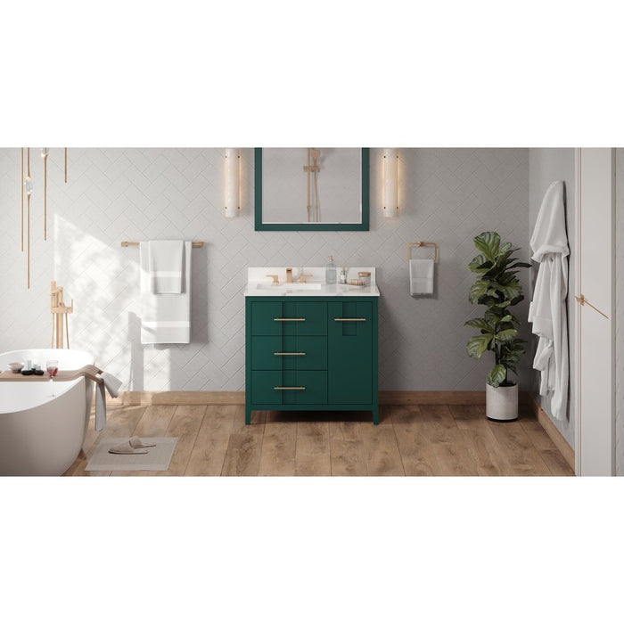 Jeffrey Alexander 36" Forest Green Katara Vanity, left offset, Calacatta Vienna Quartz Vanity Top, undermount rectangle bowl