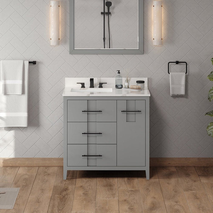 Jeffrey Alexander 36" Grey Katara Vanity, left offset, Calacatta Vienna Quartz Vanity Top, undermount rectangle bowl