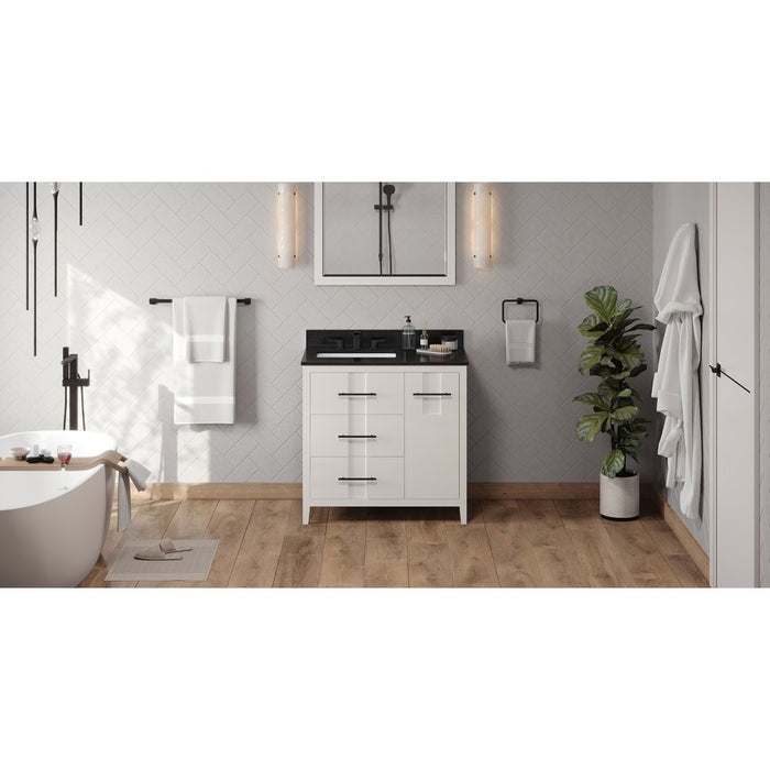 Jeffrey Alexander 36" White Katara Vanity, left offset, Black Granite Vanity Top, undermount rectangle bowl