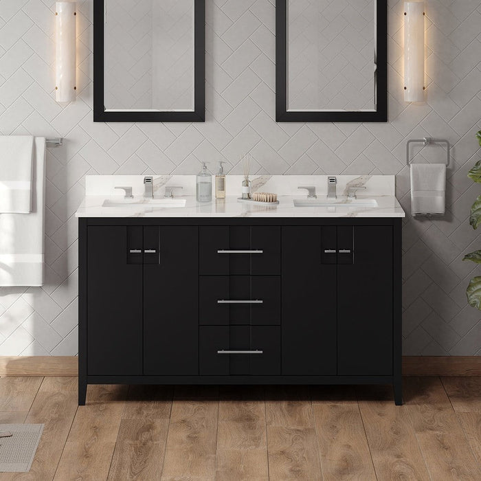 Jeffrey Alexander 60" Black Katara Vanity, double bowl, Calacatta Vienna Quartz Vanity Top, two undermount rectangle bowls