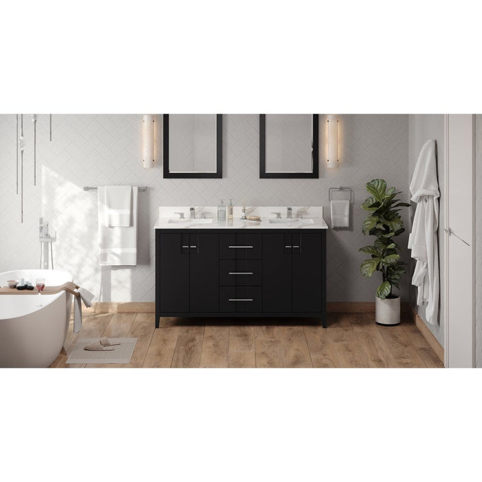 Jeffrey Alexander 60" Black Katara Vanity, double bowl, Calacatta Vienna Quartz Vanity Top, two undermount rectangle bowls