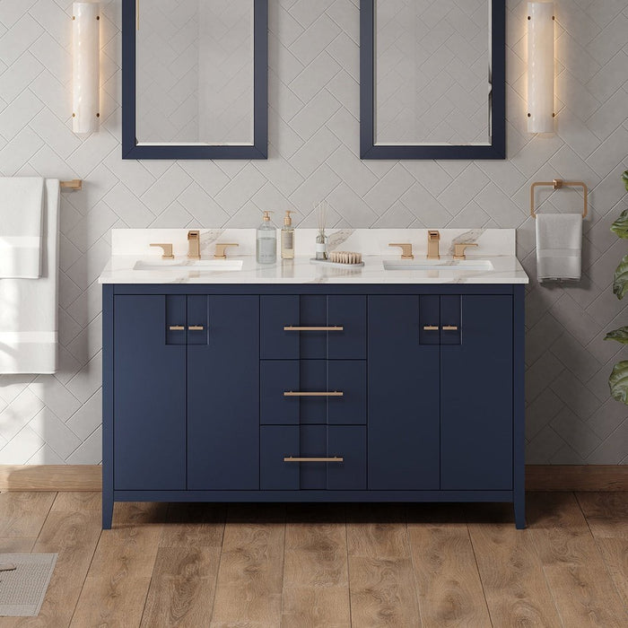 Jeffrey Alexander 60" Hale Blue Katara Vanity, double bowl, Calacatta Vienna Quartz Vanity Top, two undermount rectangle bowls