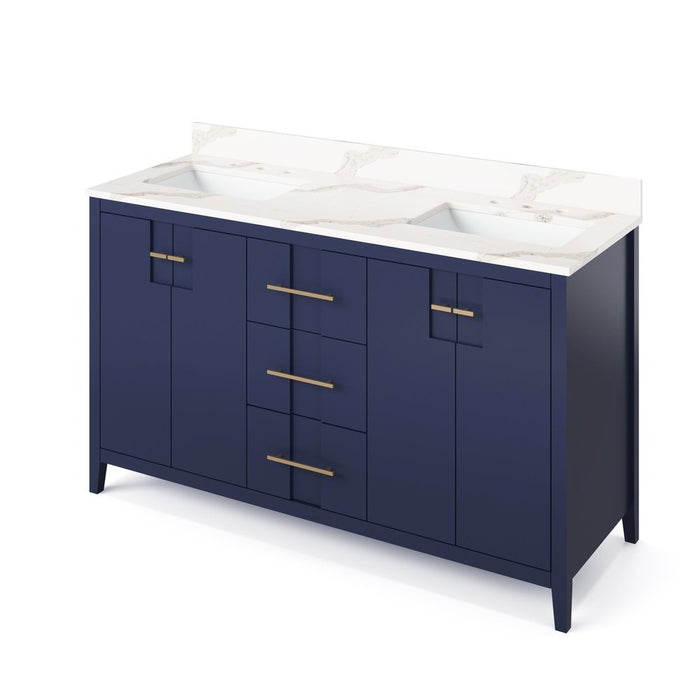 Jeffrey Alexander 60" Hale Blue Katara Vanity, double bowl, Calacatta Vienna Quartz Vanity Top, two undermount rectangle bowls