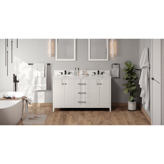 Jeffrey Alexander 60" White Katara Vanity, double bowl, Calacatta Vienna Quartz Vanity Top, two undermount rectangle bowls