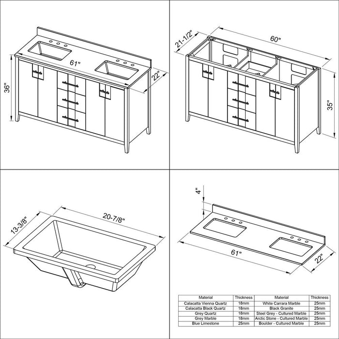 Jeffrey Alexander 60" White Katara Vanity, double bowl, Calacatta Vienna Quartz Vanity Top, two undermount rectangle bowls