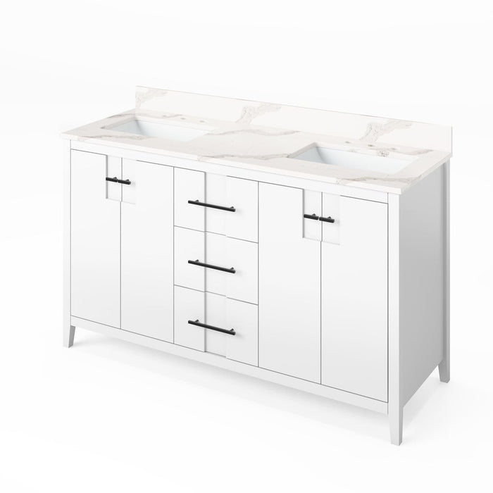 Jeffrey Alexander 60" White Katara Vanity, double bowl, Calacatta Vienna Quartz Vanity Top, two undermount rectangle bowls