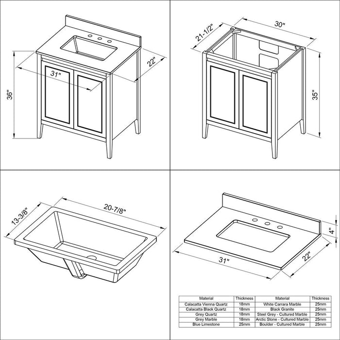 Jeffrey Alexander 30" White Percival Vanity, Calacatta Vienna Quartz Vanity Top, undermount rectangle bowl