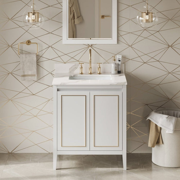 Jeffrey Alexander 30" White Percival Vanity, Calacatta Vienna Quartz Vanity Top, undermount rectangle bowl