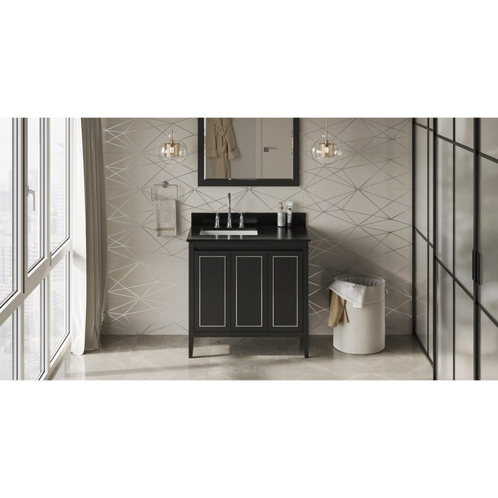 Jeffrey Alexander 36" Black Percival Vanity, left offset, Black Granite Vanity Top, undermount rectangle bowl