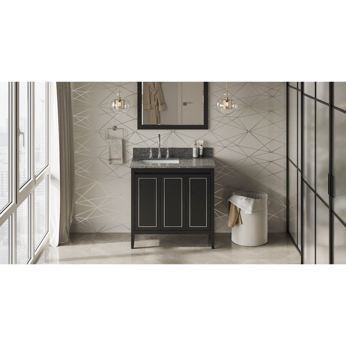 Jeffrey Alexander 36" Black Percival Vanity, left offset, Boulder Vanity Cultured Marble Vanity Top, undermount rectangle bowl