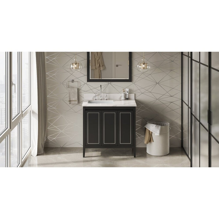 Jeffrey Alexander 36" Black Percival Vanity, left offset, Calacatta Vienna Quartz Vanity Top, undermount rectangle bowl