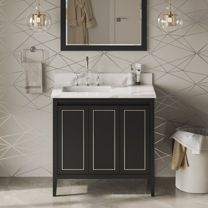 Jeffrey Alexander 36" Black Percival Vanity, left offset, Calacatta Vienna Quartz Vanity Top, undermount rectangle bowl