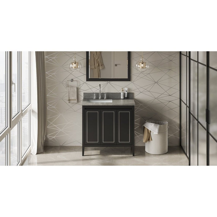 Jeffrey Alexander 36" Black Percival Vanity, left offset, Steel Grey Cultured Marble Vanity Top, undermount rectangle bowl