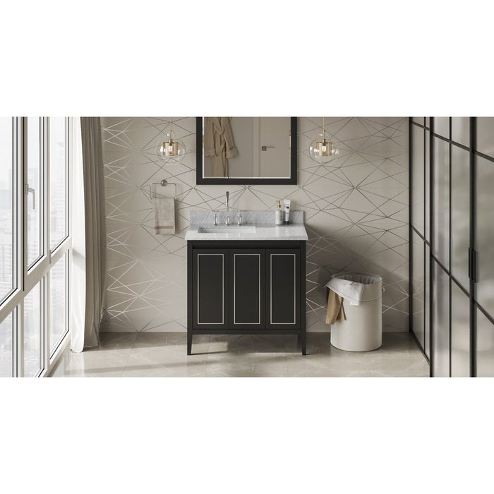 Jeffrey Alexander 36" Black Percival Vanity, left offset, White Carrara Marble Vanity Top, undermount rectangle bowl