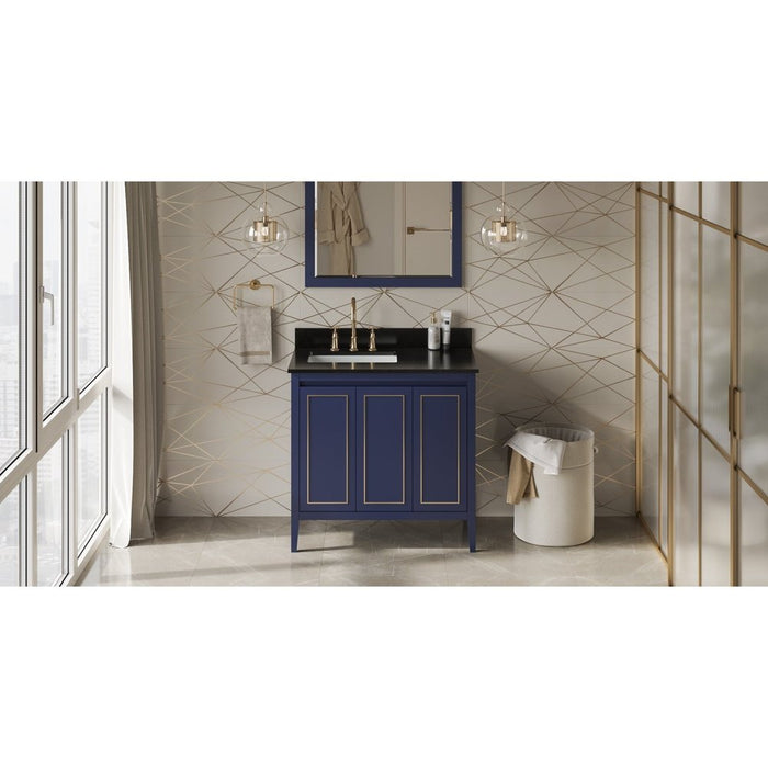 Jeffrey Alexander 36" Hale Blue Percival Vanity, left offset, Black Granite Vanity Top, undermount rectangle bowl