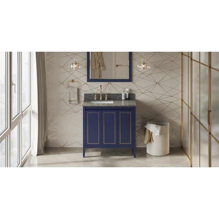 Jeffrey Alexander 36" Hale Blue Percival Vanity, left offset, Boulder Vanity Cultured Marble Vanity Top, undermount rectangle bowl