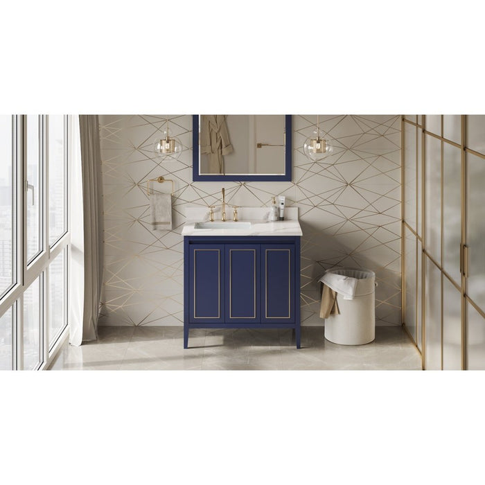 Jeffrey Alexander 36" Hale Blue Percival Vanity, left offset, Calacatta Vienna Quartz Vanity Top, undermount rectangle bowl