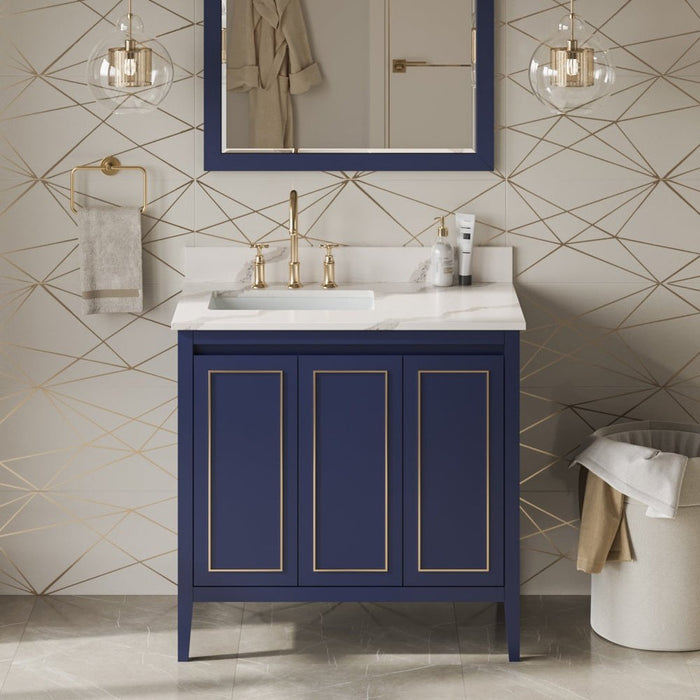 Jeffrey Alexander 36" Hale Blue Percival Vanity, left offset, Calacatta Vienna Quartz Vanity Top, undermount rectangle bowl