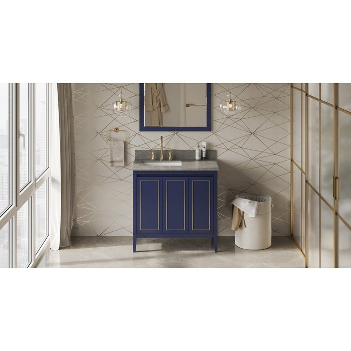 Jeffrey Alexander 36" Hale Blue Percival Vanity, left offset, Steel Grey Cultured Marble Vanity Top, undermount rectangle bowl