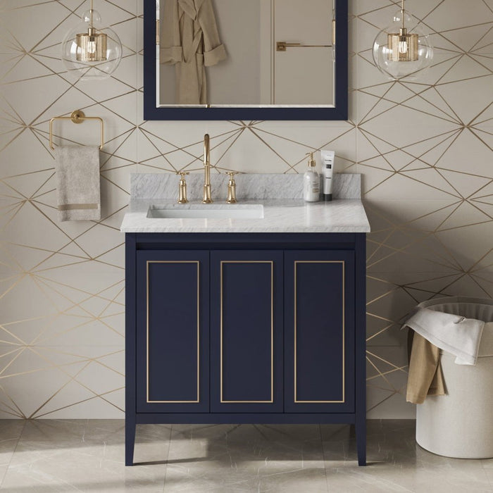 Jeffrey Alexander 36" Hale Blue Percival Vanity, left offset, White Carrara Marble Vanity Top, undermount rectangle bowl