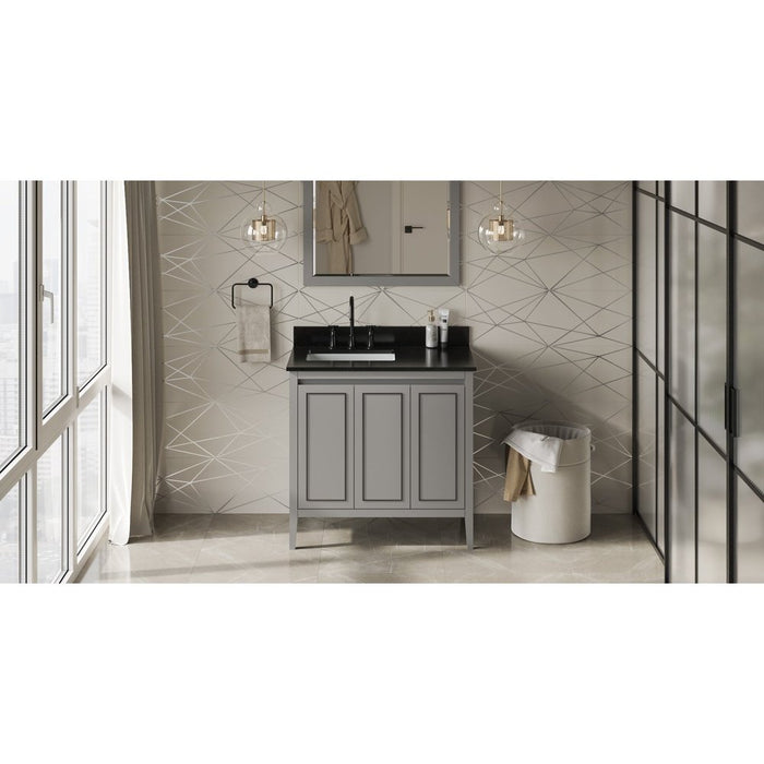 Jeffrey Alexander 36" Grey Percival Vanity, left offset, Black Granite Vanity Top, undermount rectangle bowl