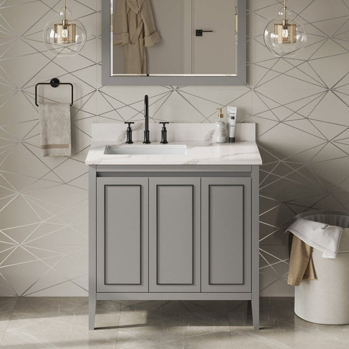 Jeffrey Alexander 36" Grey Percival Vanity, left offset, Calacatta Vienna Quartz Vanity Top, undermount rectangle bowl