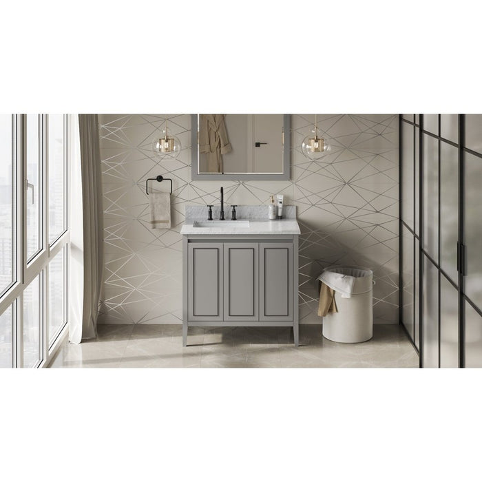 Jeffrey Alexander 36" Grey Percival Vanity, left offset, White Carrara Marble Vanity Top, undermount rectangle bowl