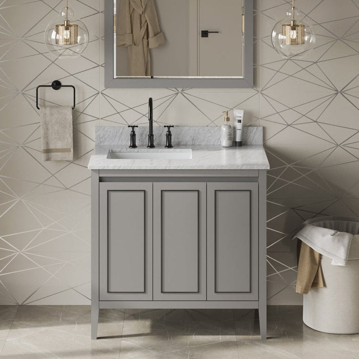 Jeffrey Alexander 36" Grey Percival Vanity, left offset, White Carrara Marble Vanity Top, undermount rectangle bowl