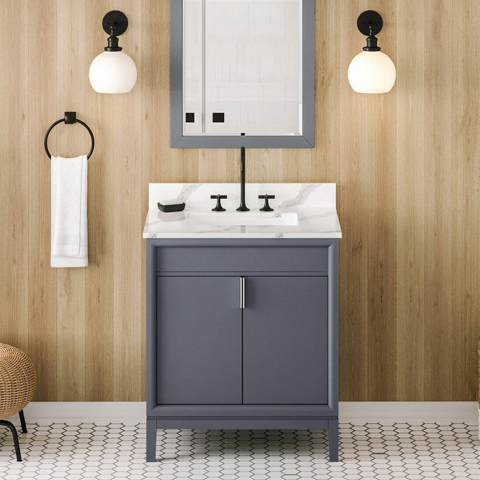 Jeffrey Alexander 30" Blue Steel Theodora Vanity, Calacatta Vienna Quartz Vanity Top, undermount rectangle bowl