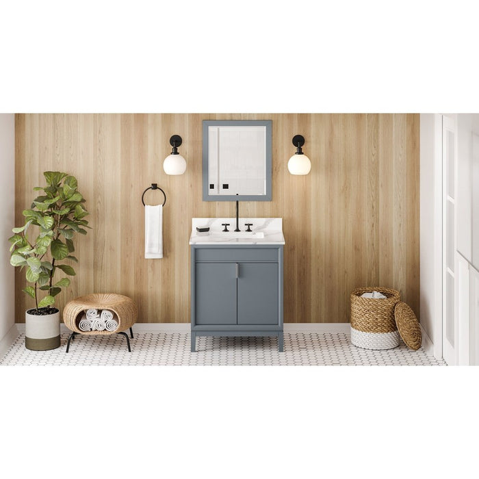 Jeffrey Alexander 30" Blue Steel Theodora Vanity, Calacatta Vienna Quartz Vanity Top, undermount rectangle bowl