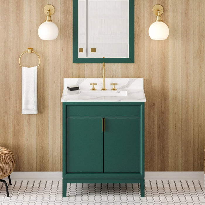 Jeffrey Alexander 30" Forest Green Theodora Vanity, Calacatta Vienna Quartz Vanity Top, undermount rectangle bowl