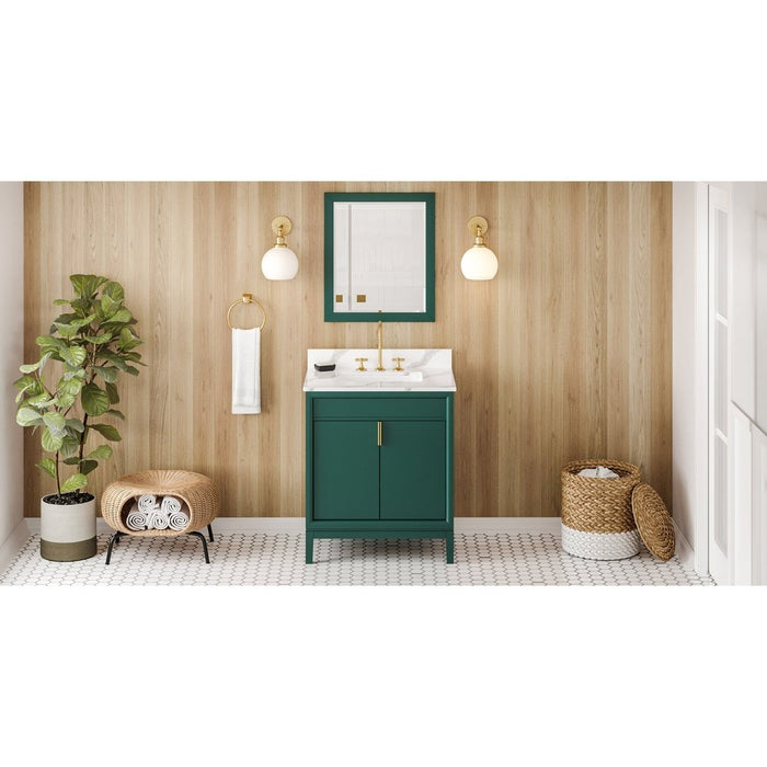 Jeffrey Alexander 30" Forest Green Theodora Vanity, Calacatta Vienna Quartz Vanity Top, undermount rectangle bowl