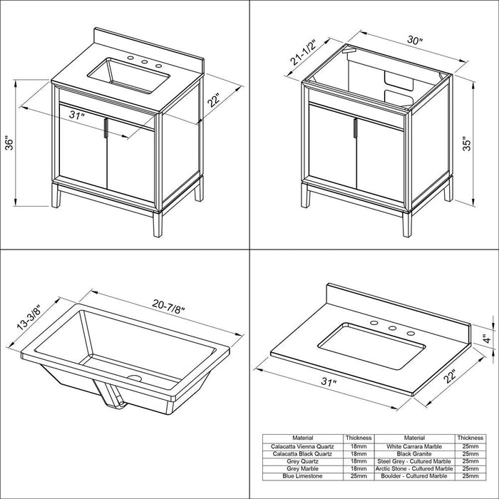 Jeffrey Alexander 30" Forest Green Theodora Vanity, Calacatta Vienna Quartz Vanity Top, undermount rectangle bowl