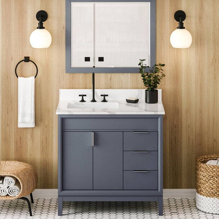 Jeffrey Alexander 36" Blue Steel Theodora Vanity, left offset, Calacatta Vienna Quartz Vanity Top, undermount rectangle bowl