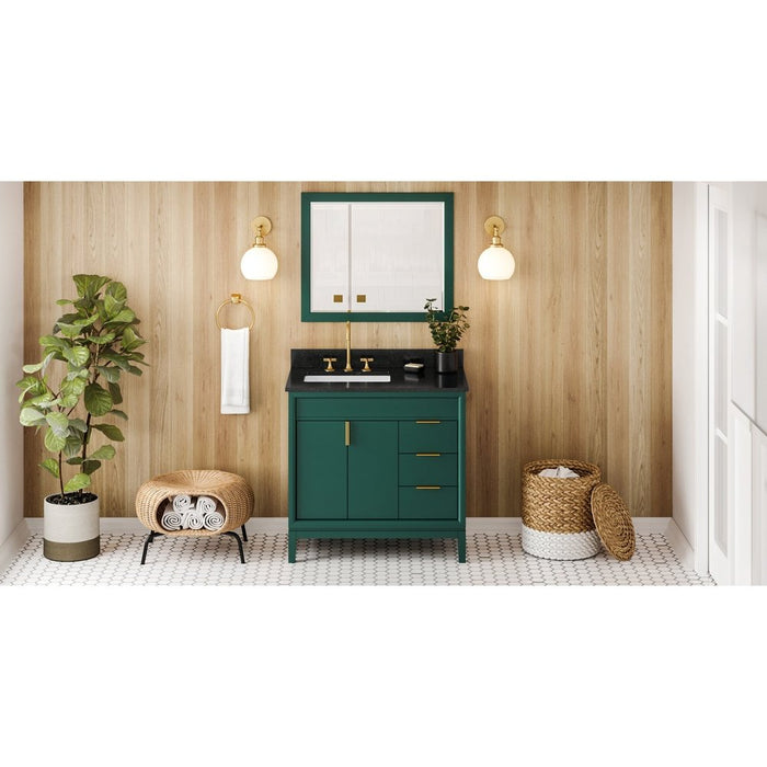 Jeffrey Alexander 36" Forest Green Theodora Vanity, left offset, Black Granite Vanity Top, undermount rectangle bowl