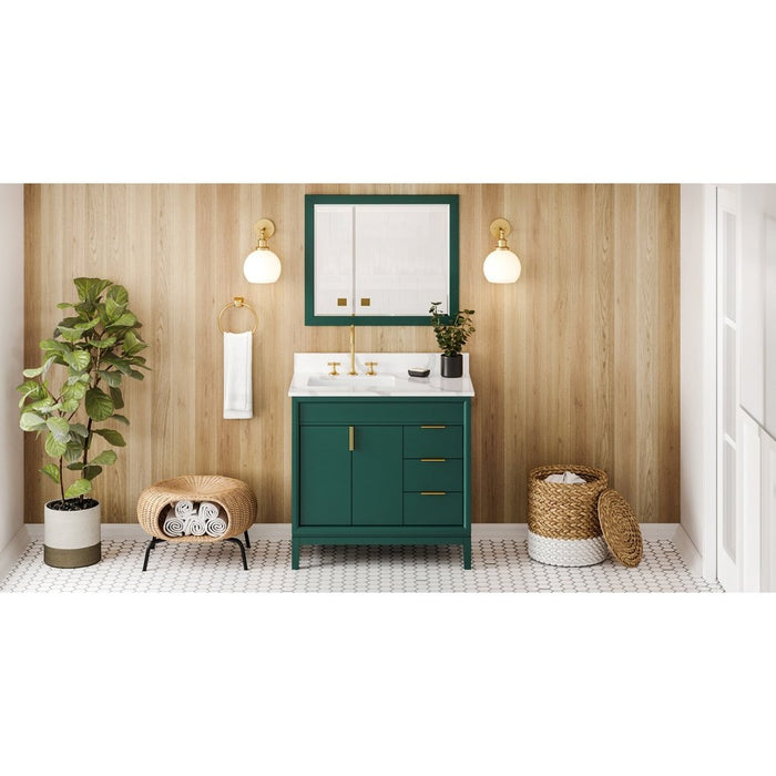 Jeffrey Alexander 36" Forest Green Theodora Vanity, left offset, Calacatta Vienna Quartz Vanity Top, undermount rectangle bowl