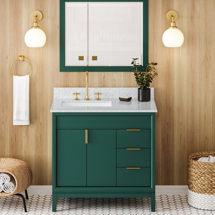 Jeffrey Alexander 36" Forest Green Theodora Vanity, left offset, White Carrara Marble Vanity Top, undermount rectangle bowl